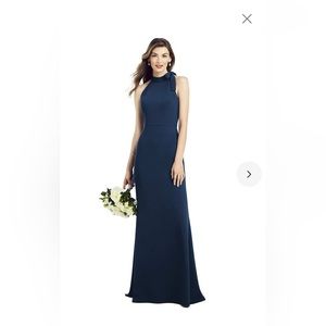 After Six Bow Neck Open Back Trumpet Gown in Midnight Navy